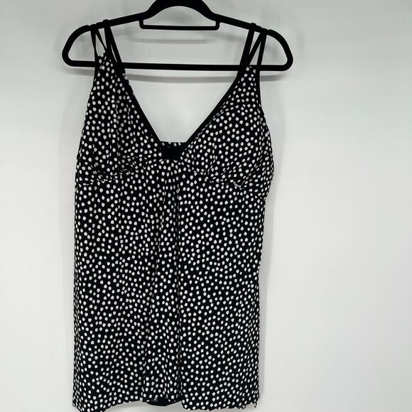 NWT Trimshaper Tracey Swimsuit Womens 20W Black AOP White Print One Piece V Neck - Picture 1 of 13